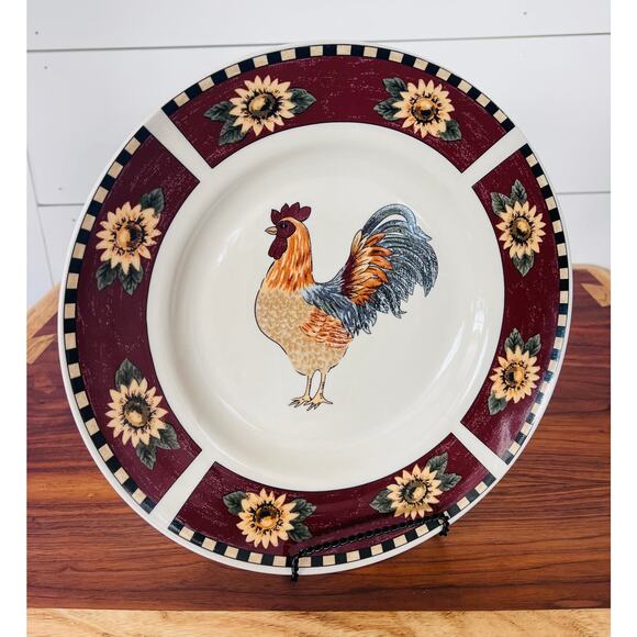 Brewster by Gibson Designs Large Dinner Plate Red Panels Yellow Flowers Rooster - Picture 1 of 5